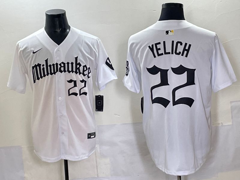 Men 2025 Milwaukee Brewers #22 Yelich White Five generations Joint Name Nike MLB Jersey style 01